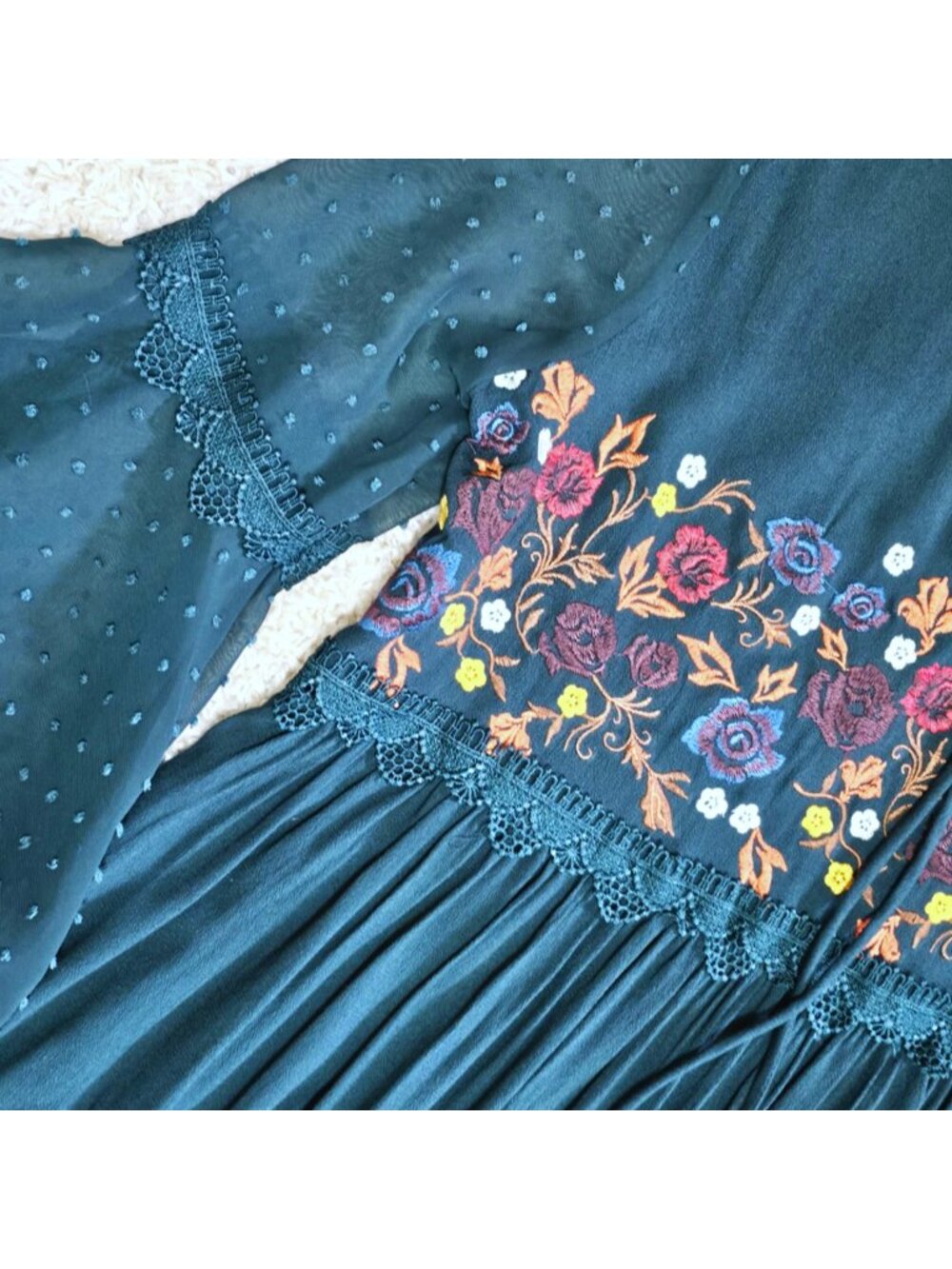 Altar'd State Brand Dress. Teal Green Floral Embroidered Swiss Dot. Size Small - Picture 10 of 13